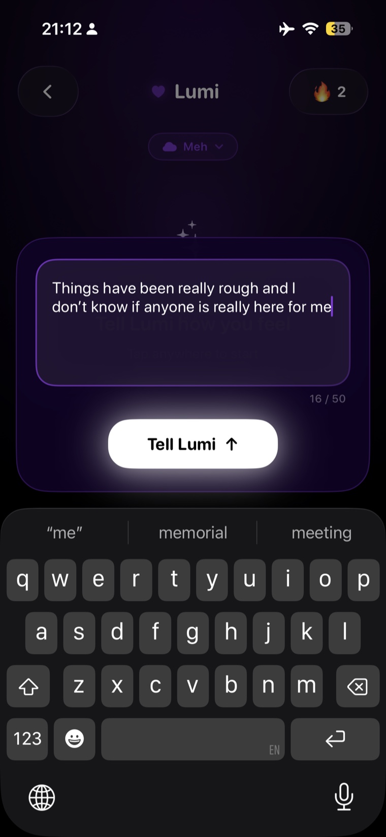 A user telling Lumi how they really feel: things have been rough lately.