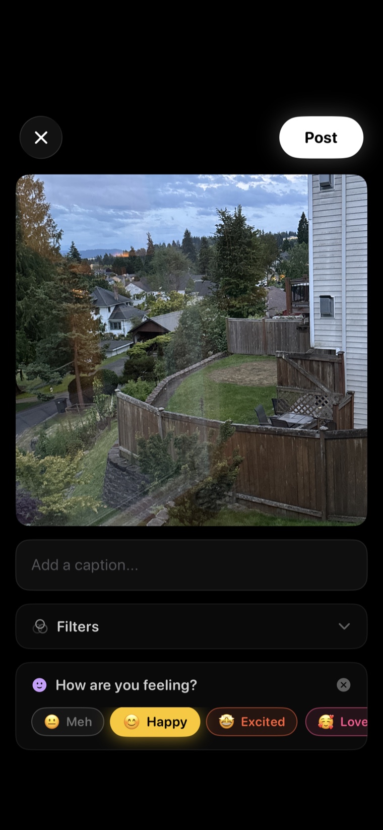 Posting a photo in motion with a mood tag, Meh, Happy, Excited, or Love, instead of chasing likes.